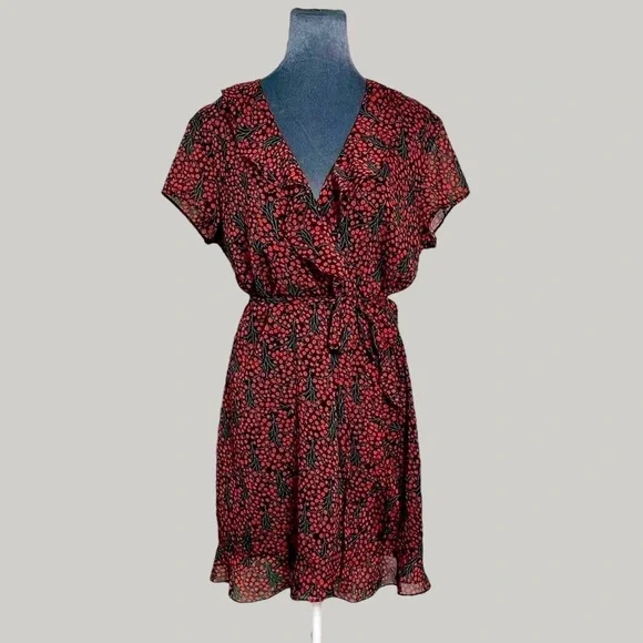 Bardot goth coquette cherry fruit print mini red & black ruffle party dress 12 - Picture 6 of 8